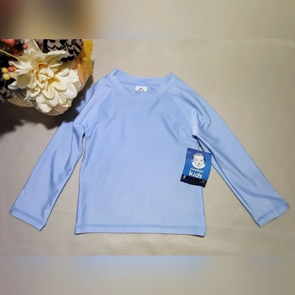 Gerber NWT Light Blue Long Sleeve Swim Rashguard, UPF 50+ Size 2T (28-32lbs)
